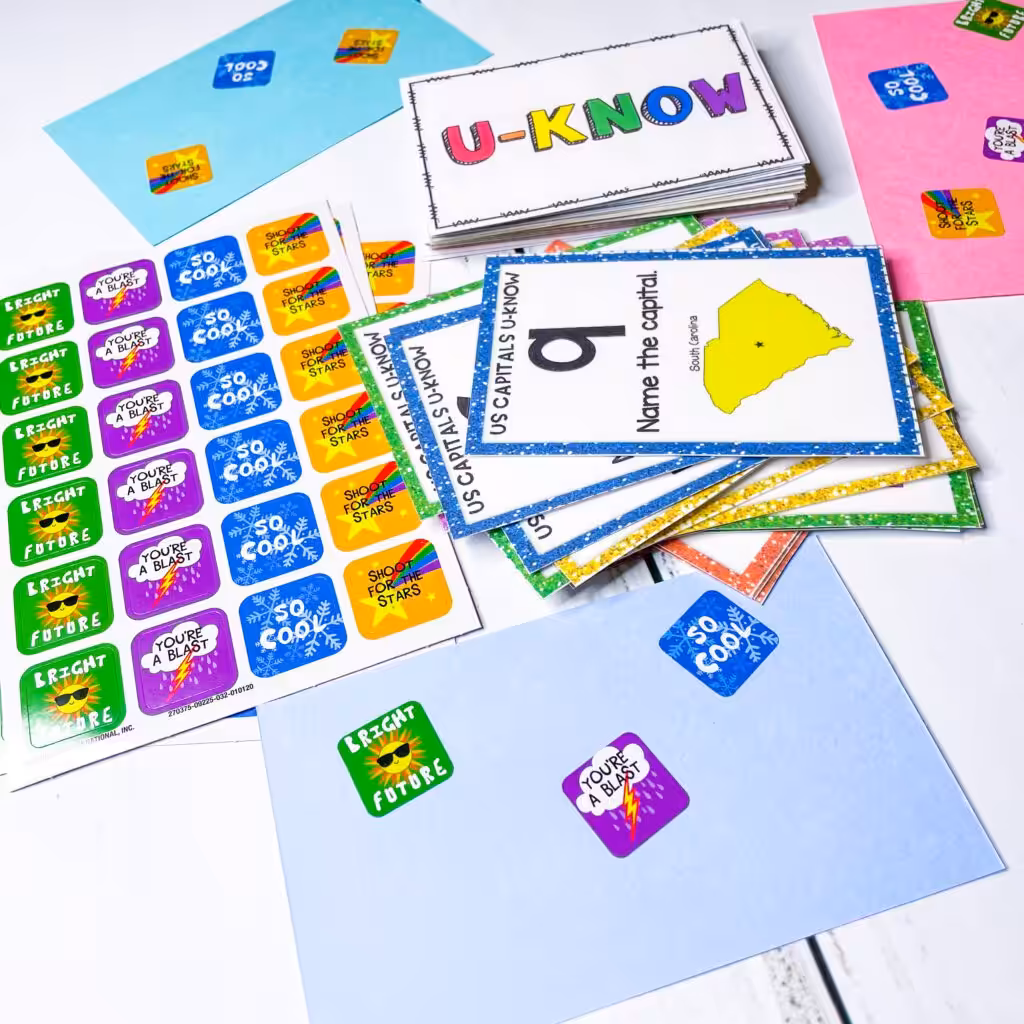 Dollar Store Stickers and colorful notecards
