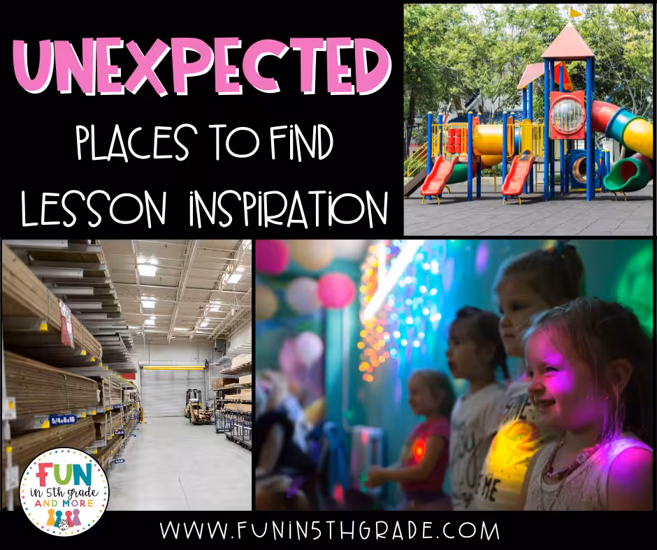 Unexpected places to find inspiration for the classroom facebook image with three pictures: a lumberyard, students standing up against a whiteboard with colored lights shining on their faces, and a playground