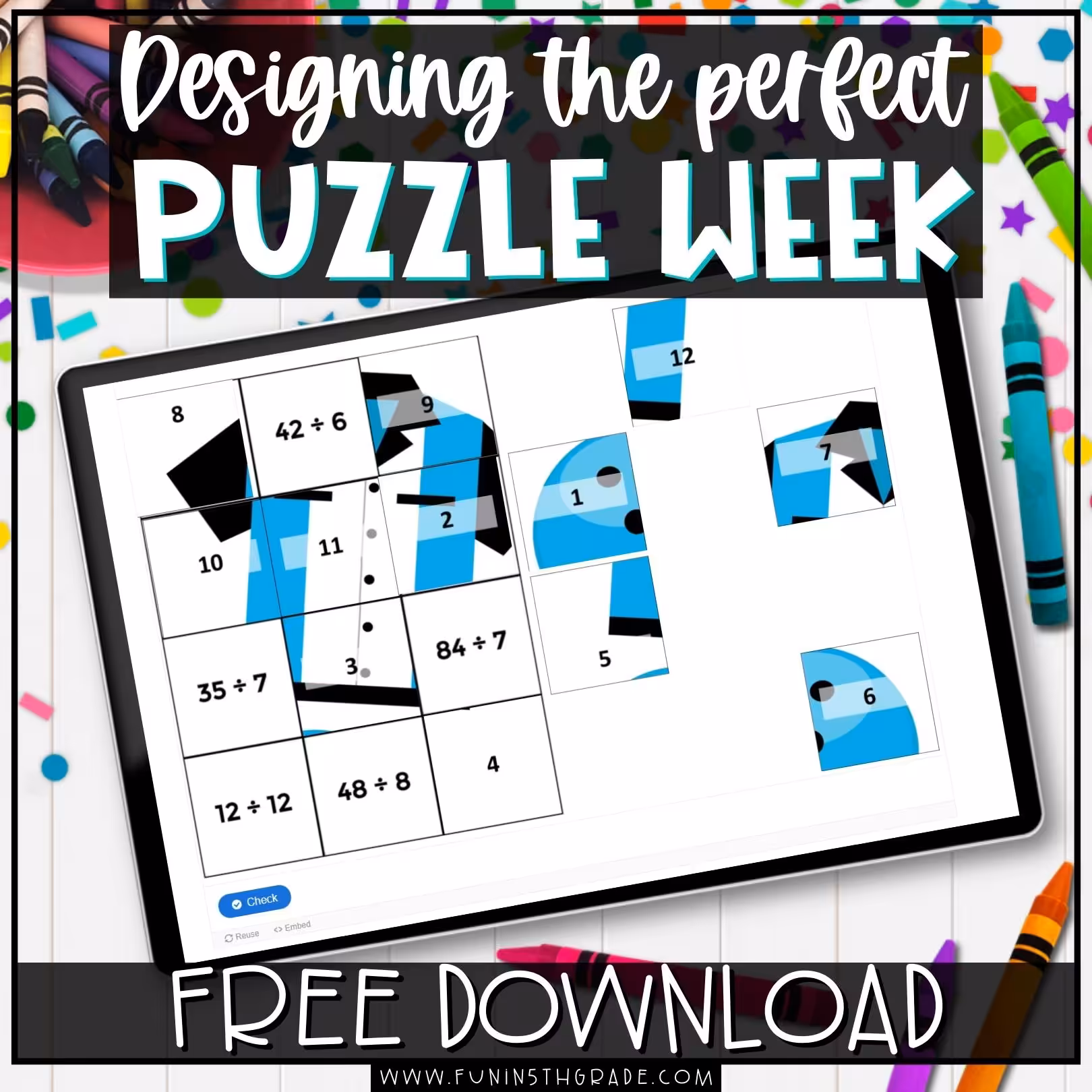 'Puzzle Week' in your Upper Elementary Class Image with an tablet that contains an image of the Math Facts Digital Puzzles