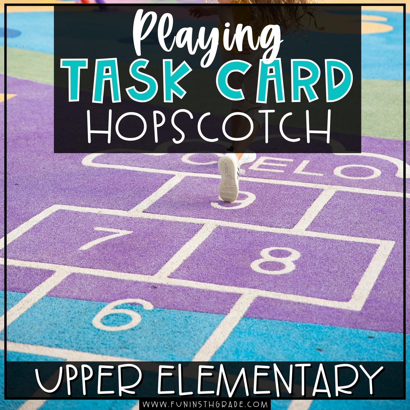 Playing Task Card Hopscotch Blog Image with Chalk Hopscotch outline on concrete background