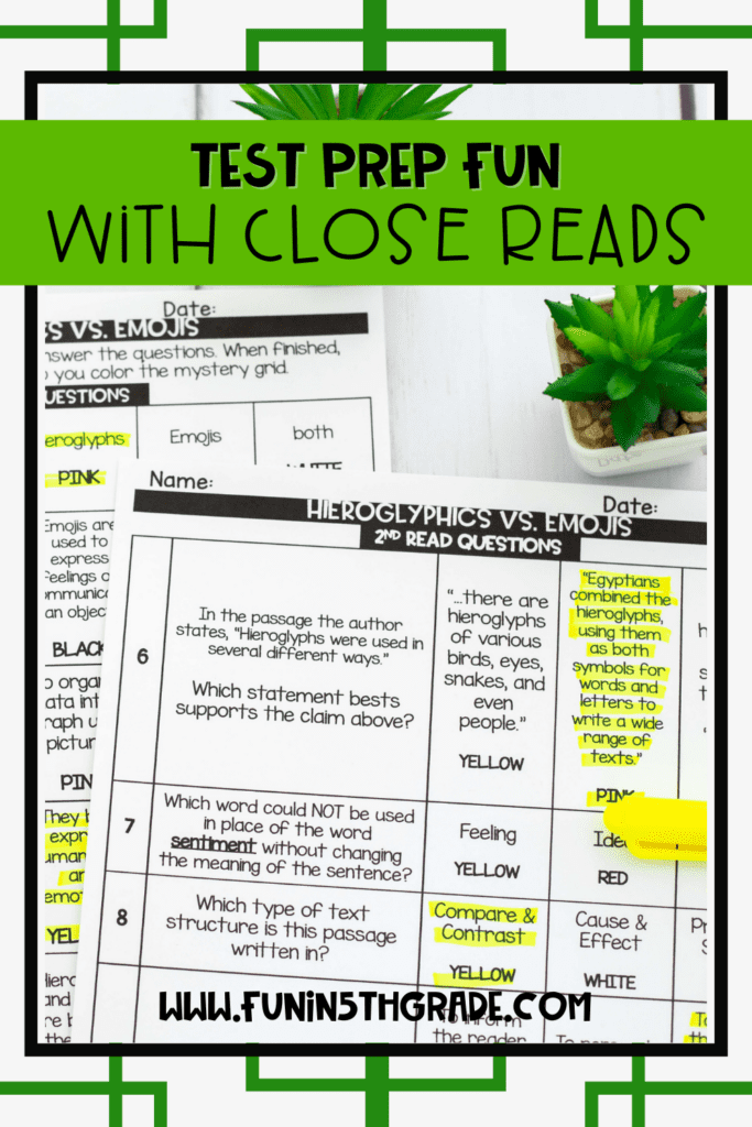Test Prep Fun with Close Reads Pinterest Image with Close Read question handout and plants in the image