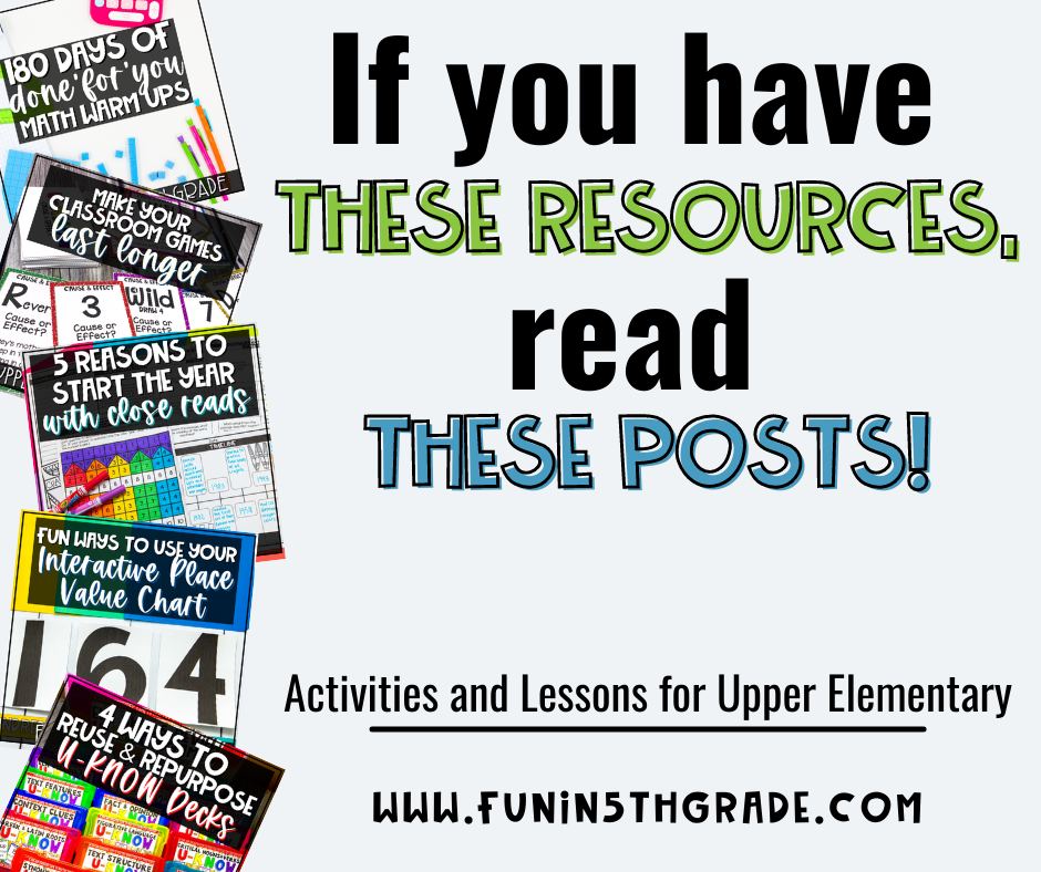 Looking for more ways to use those resources you bought? Try some of these activities and lessons for upper elementary. Facebook Image featuring images of several blog posts