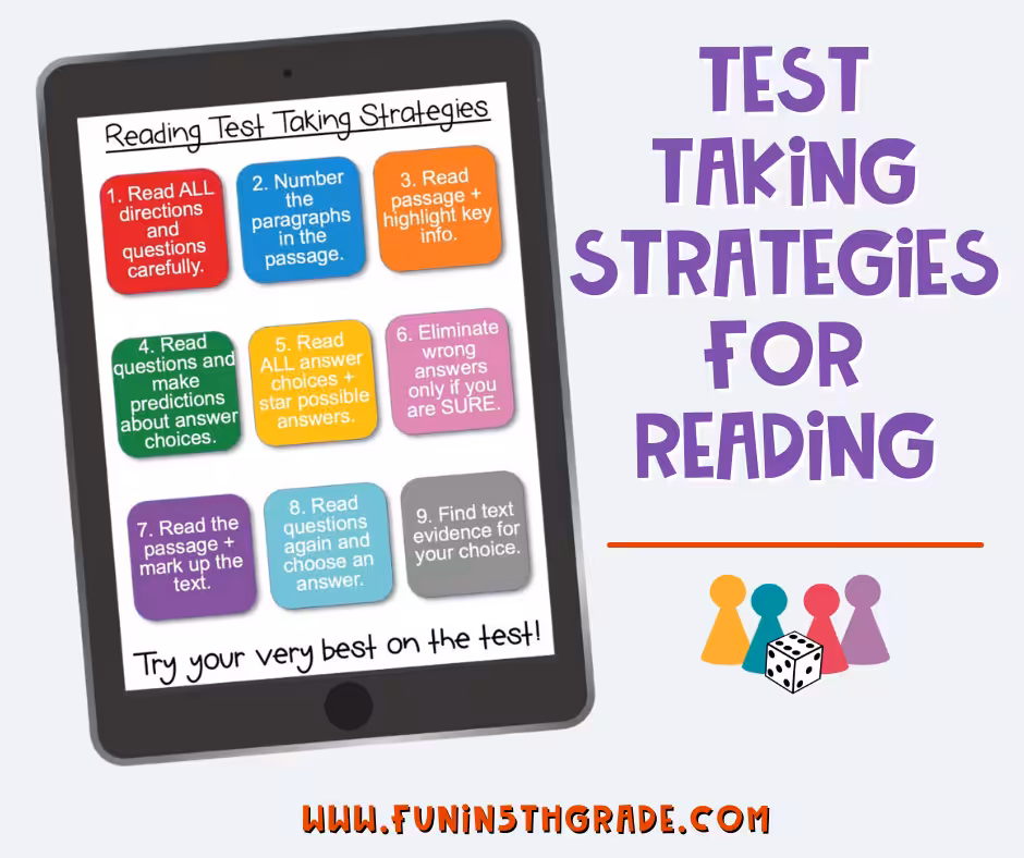 Test Prep Strategies for Reading in Upper ELementary Facebook Post with image of download