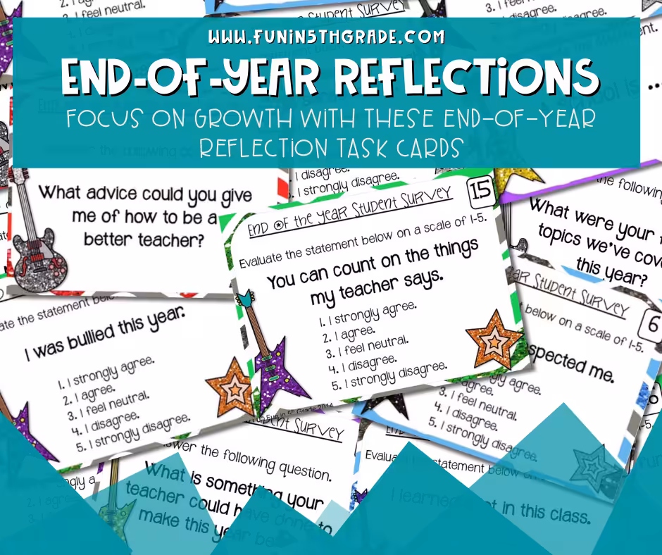 End-of-year teacher reflections facebook image with Rockin' Student Survey task cards in the background image