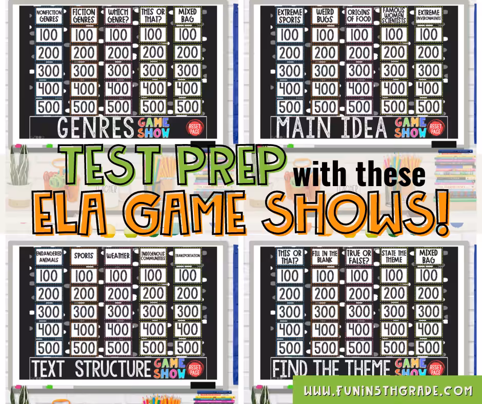 ELA Game Show Bundle for Test Prep Facebook Image with 4 examples of the game board on screens in background