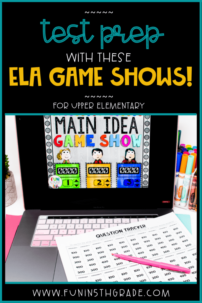 ELA Game Show Bundle for Test Prep Pinterest Image with a main idea slide on a computer in background