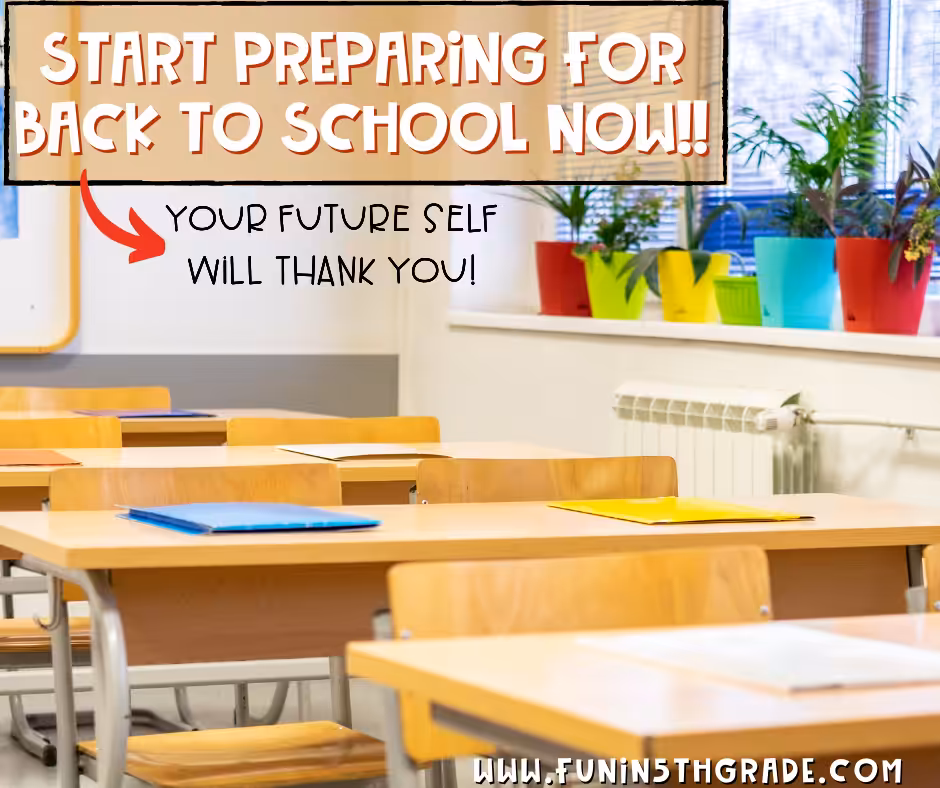 use the end of the year to prepare for back to school pinterest facebook image with images of a classroom with plants in the window