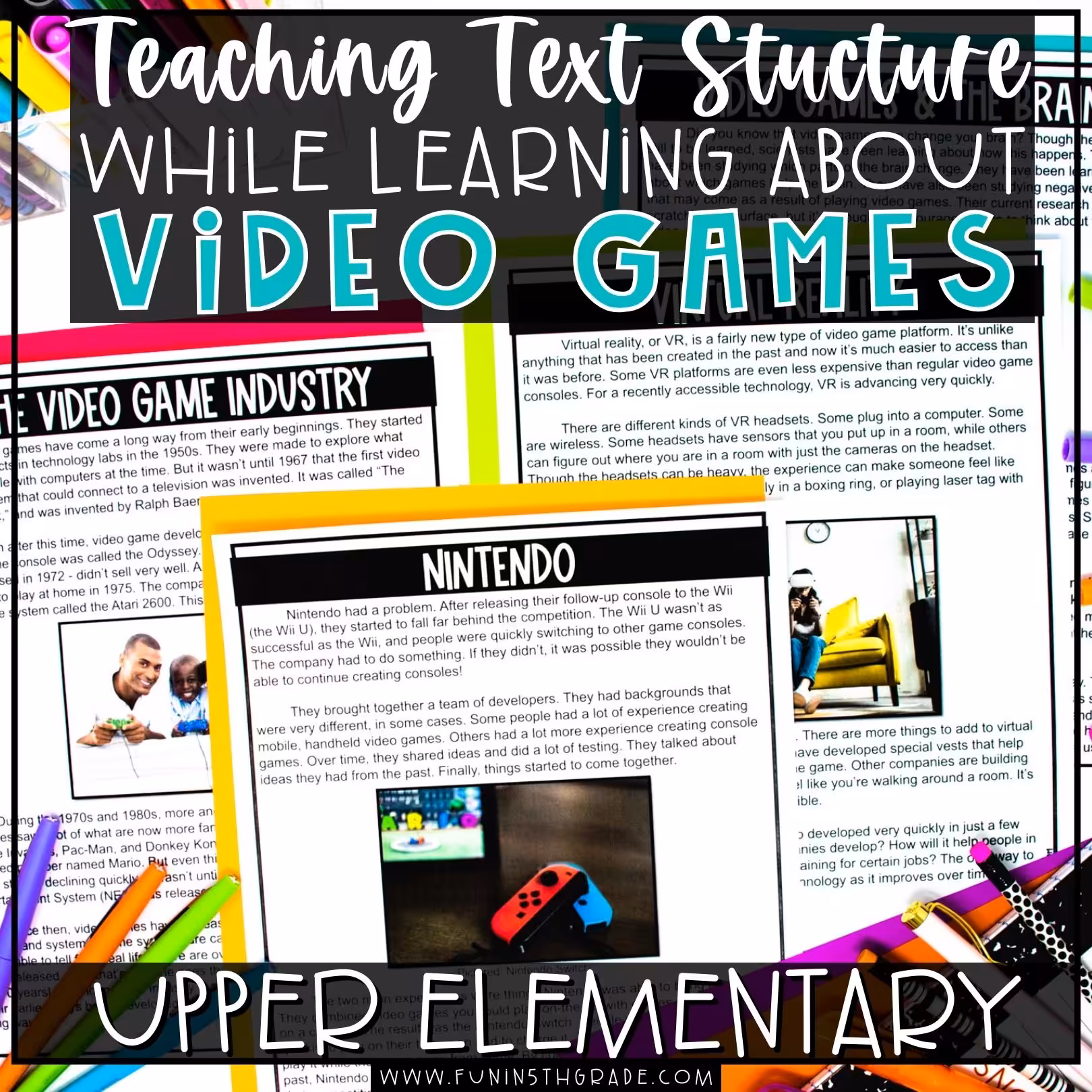 Teaching Text Structure in Upper Elementary with Video Games Blog Image with a picture of the resource in the background