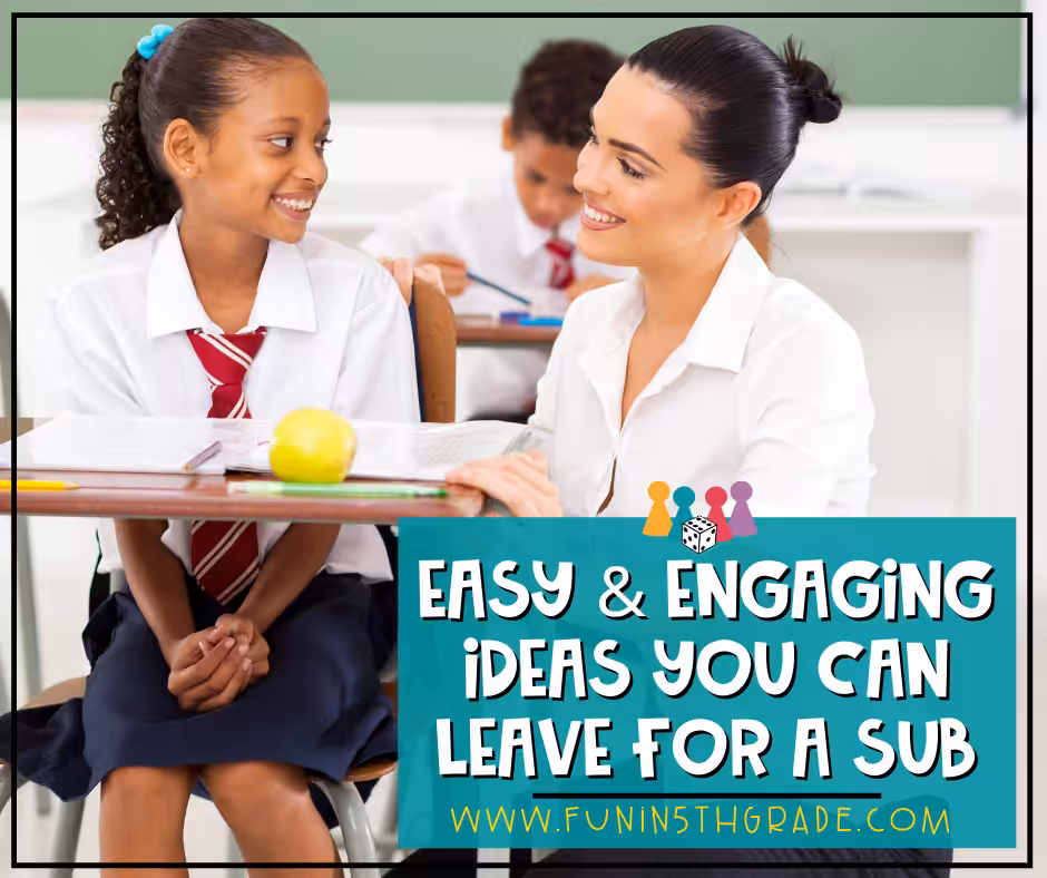 Easy and Engaging Ideas You Can Leave for a Sub Facebook Image with teacher kneeling down next to a students desk smiling at them as they work.