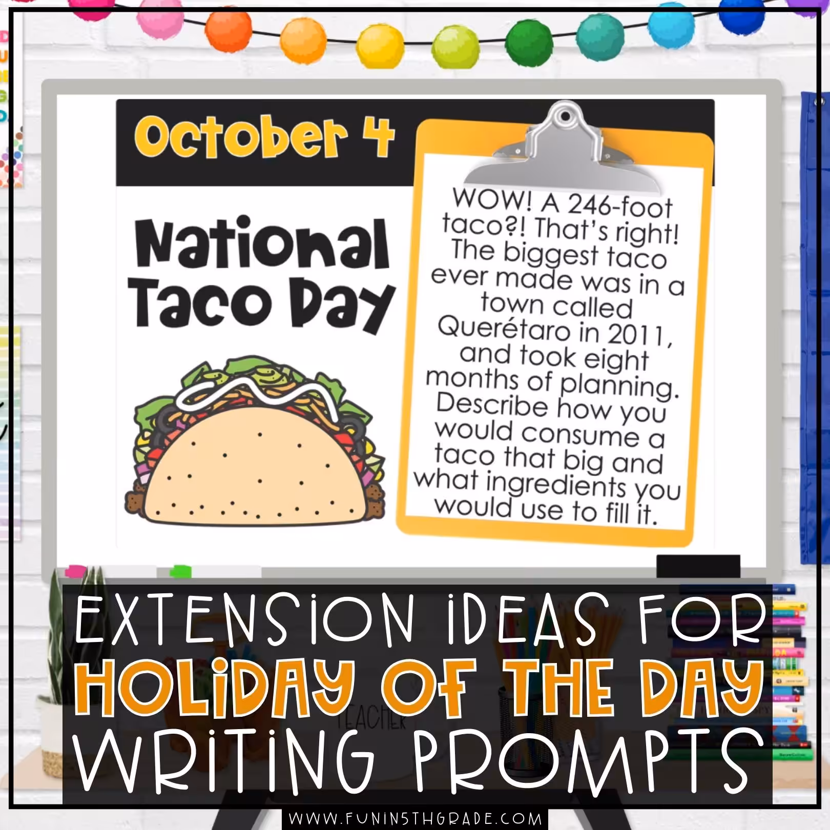 Extension Ideas for using writing prompts in your upper elementary classroom blog image with photo of the resource in use in the background
