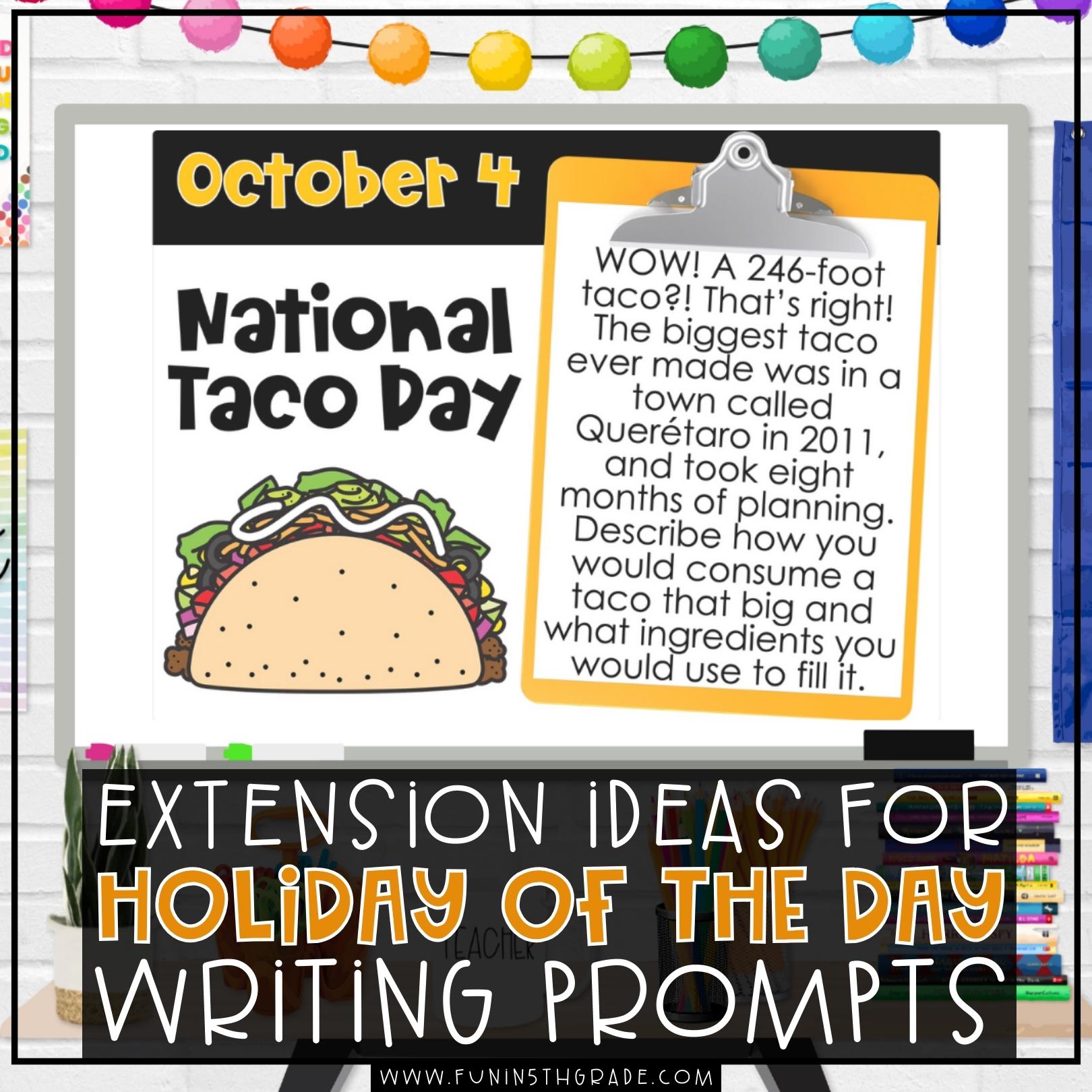 Extension Ideas for using writing prompts in your upper elementary classroom blog image with photo of the resource in use in the background