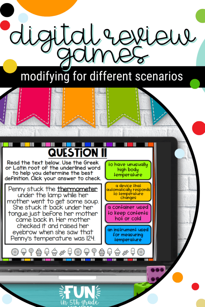 How to Modify Digital Review Games for Different Scenarios Pinterest Pin with a picture of the resource in a circle in the background