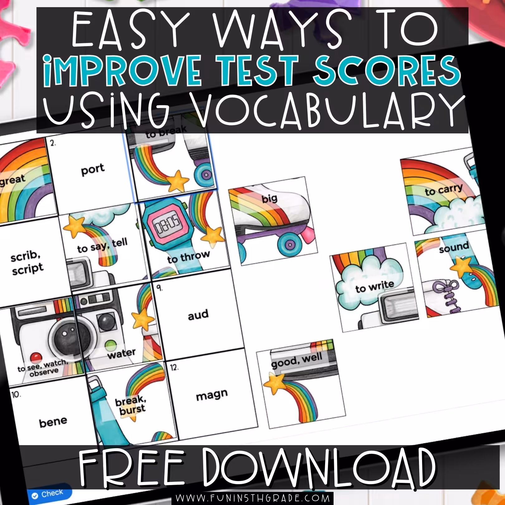 Easy Ways to Improve Test Scores Vocabulary Blog Image with picture of the Prefix and Suffix digital puzzles in the background