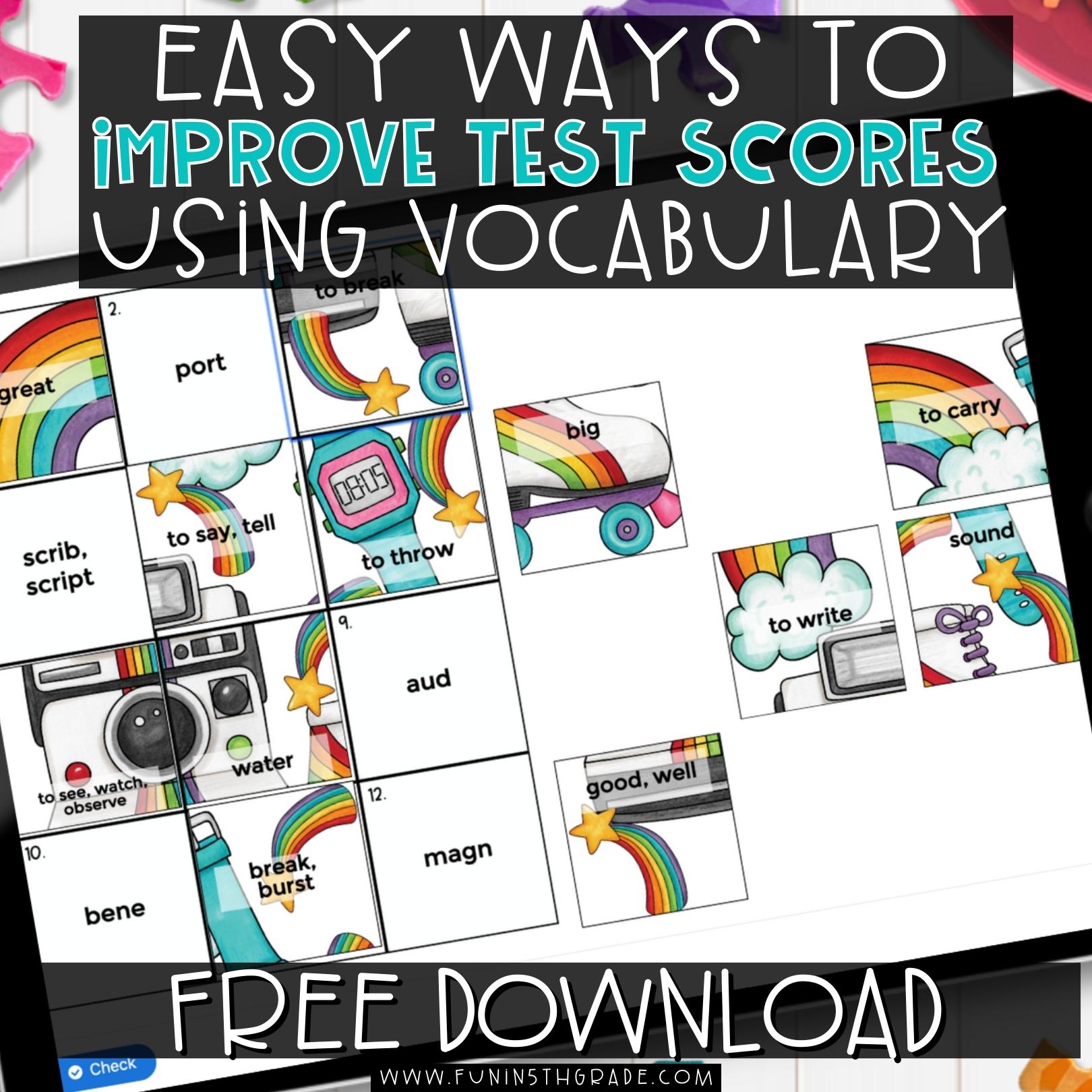 Easy Ways to Improve Test Scores Vocabulary Blog Image with picture of the Prefix and Suffix digital puzzles in the background
