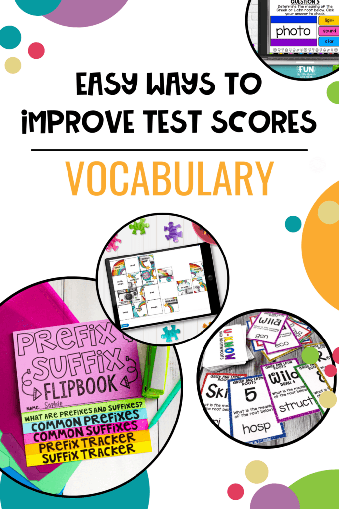 Easy Ways to Improve Test Scores Vocabulary Image with circles in the background along with images of different vocabulary resources embedded into some of the circles