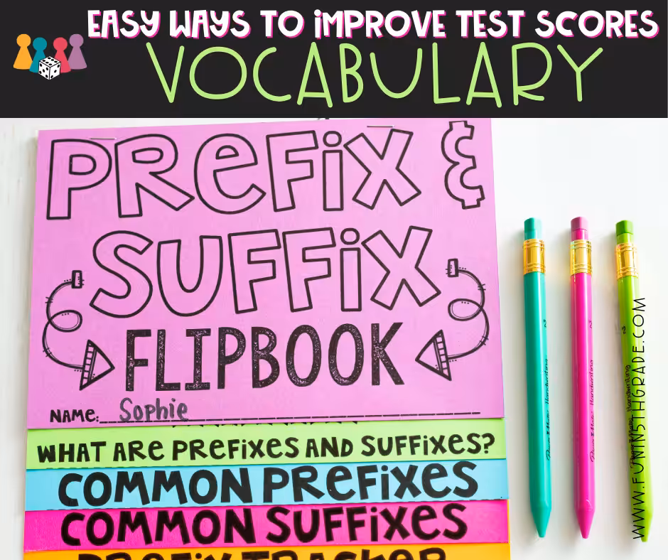 Easy ways to improve test scores vocabulary image with picture of the prefix and suffix flip book in the background