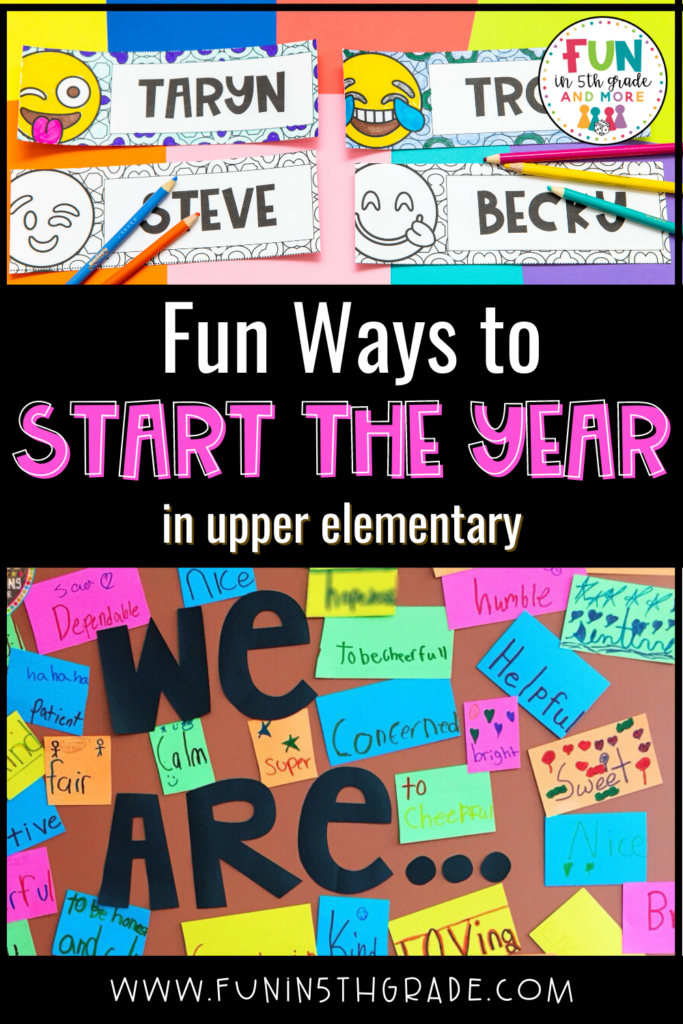 Fun Ways to Start the Year in Upper Elementary Pinterest Pin with images of the We ARE board and the editable bookmarks in the background