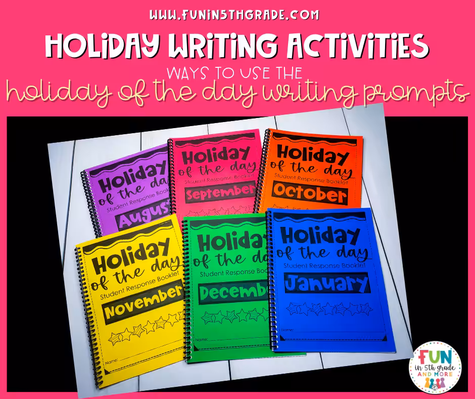 Holiday Writing Activities Ways to use the holiday of the day writing prompts Facebook Image with the Holiday of the Day Monthly packets in the background