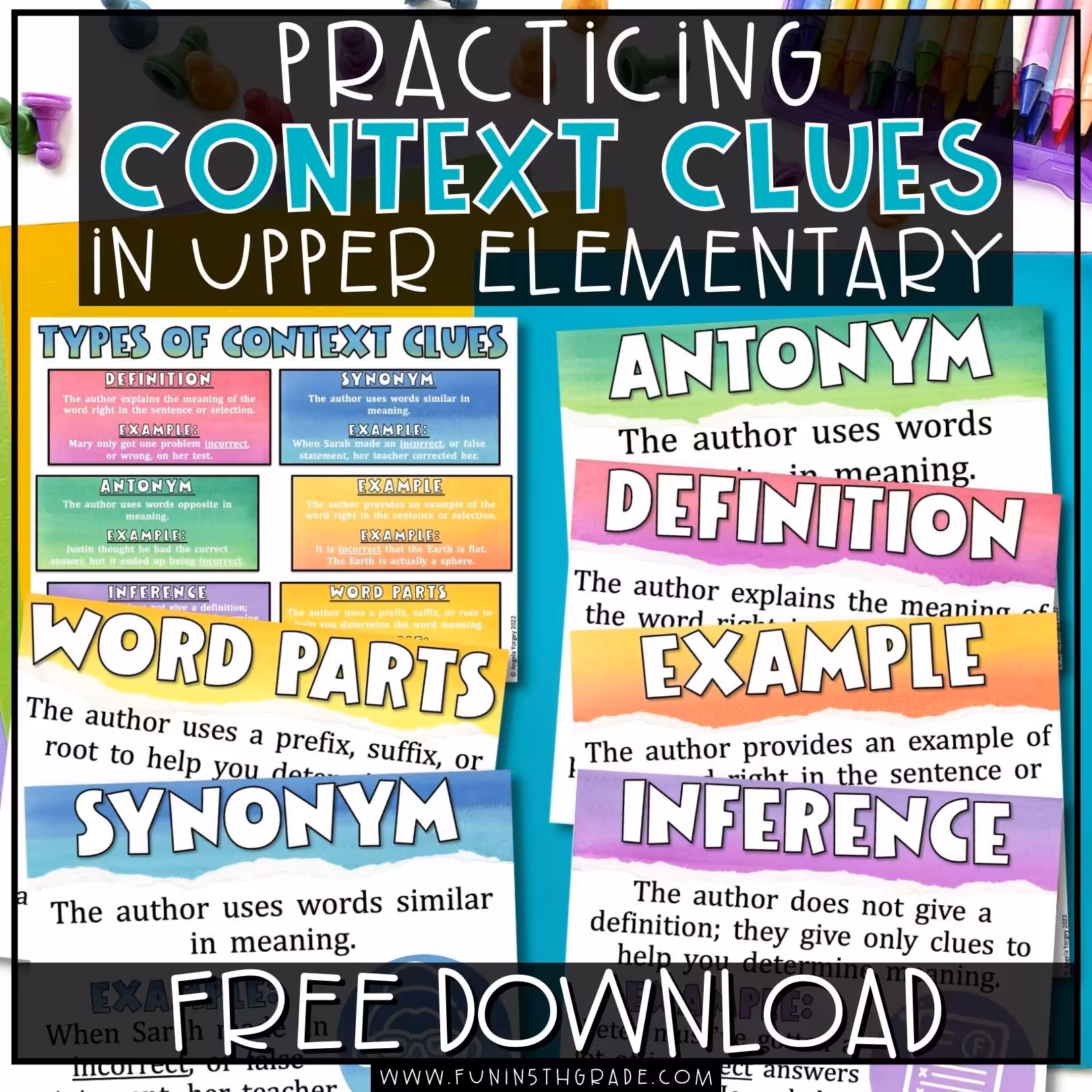 Practicing Context Clues in Upper Elementary blog image with images of the posters in the background