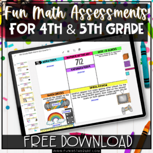 Fun Math Assessments for 4th and 5th Grade Blog Image with an tablet example of the Daily Math Warm Ups in the background