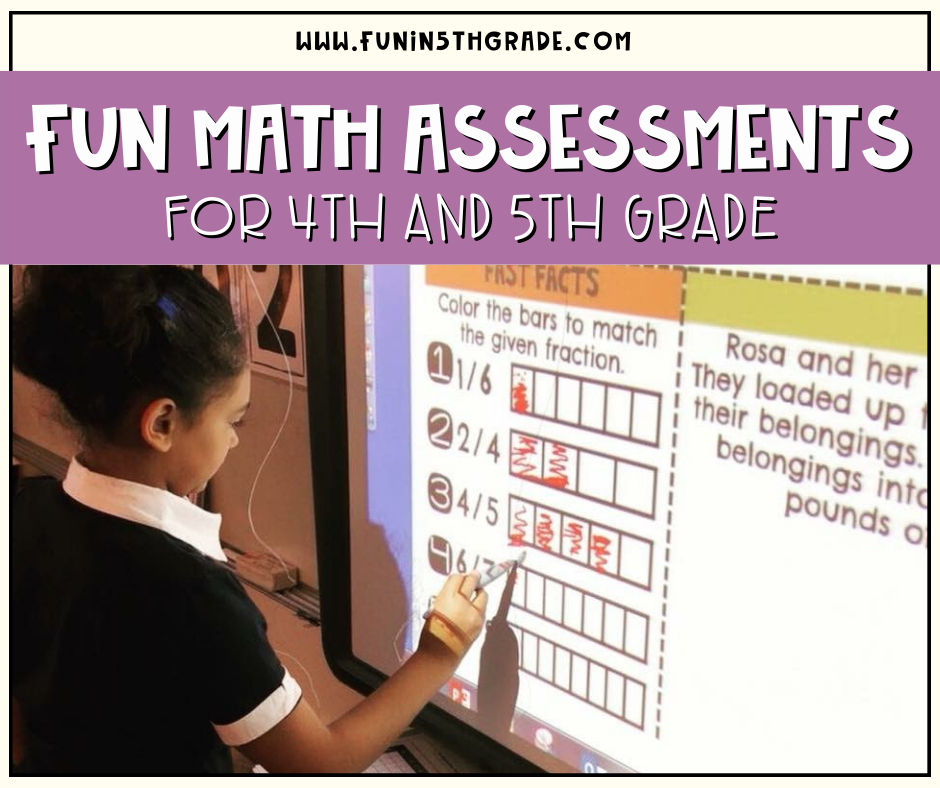 Fun Math Assessments for 4th and 5th grade Facebook Image with picture of a girl working on a white board