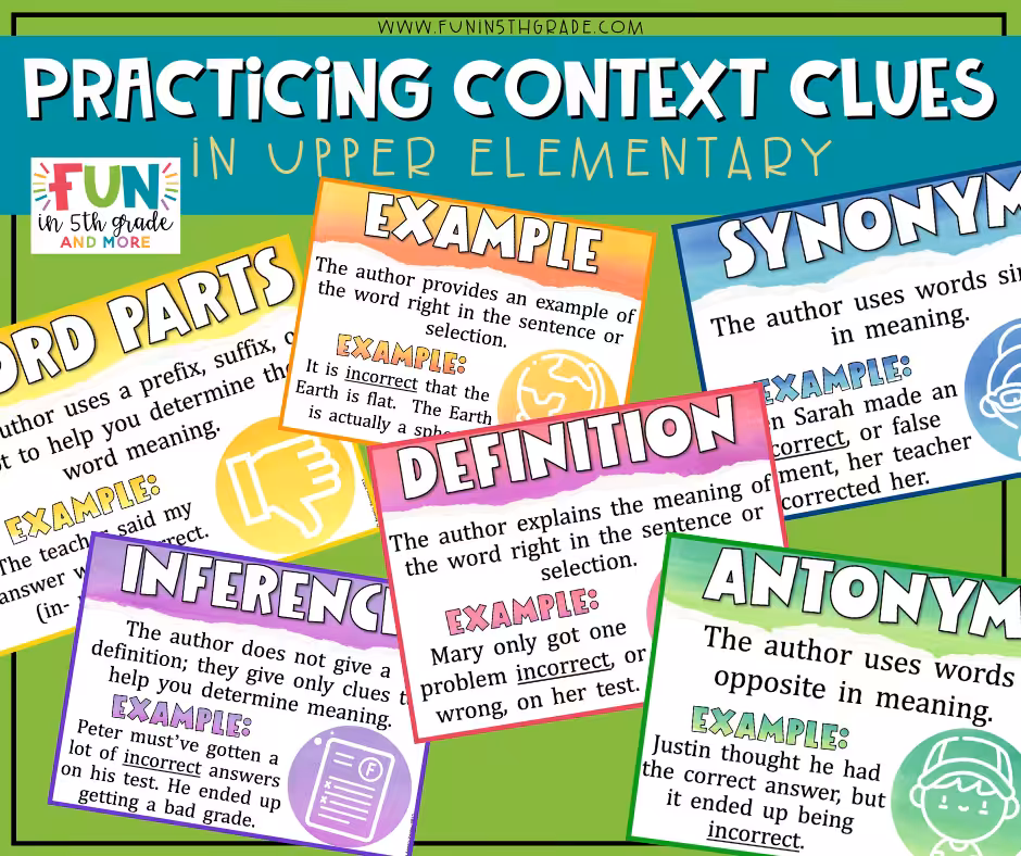 Practicing Context Clues in Upper Elementary Facebook Image with graphics of the different posters