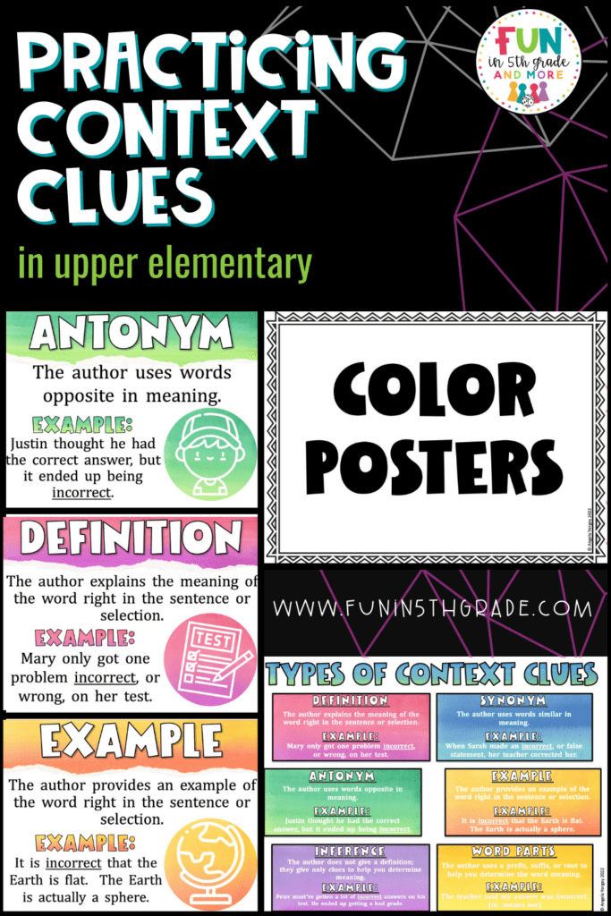 Practicing Context Clues in Upper Elementary Pinterest Image with images of the posters