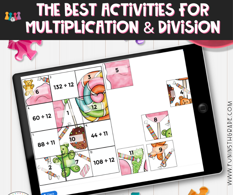 The BEST Activities for practicing multiplication and division facts Facebook image with photo of the digital puzzles in use