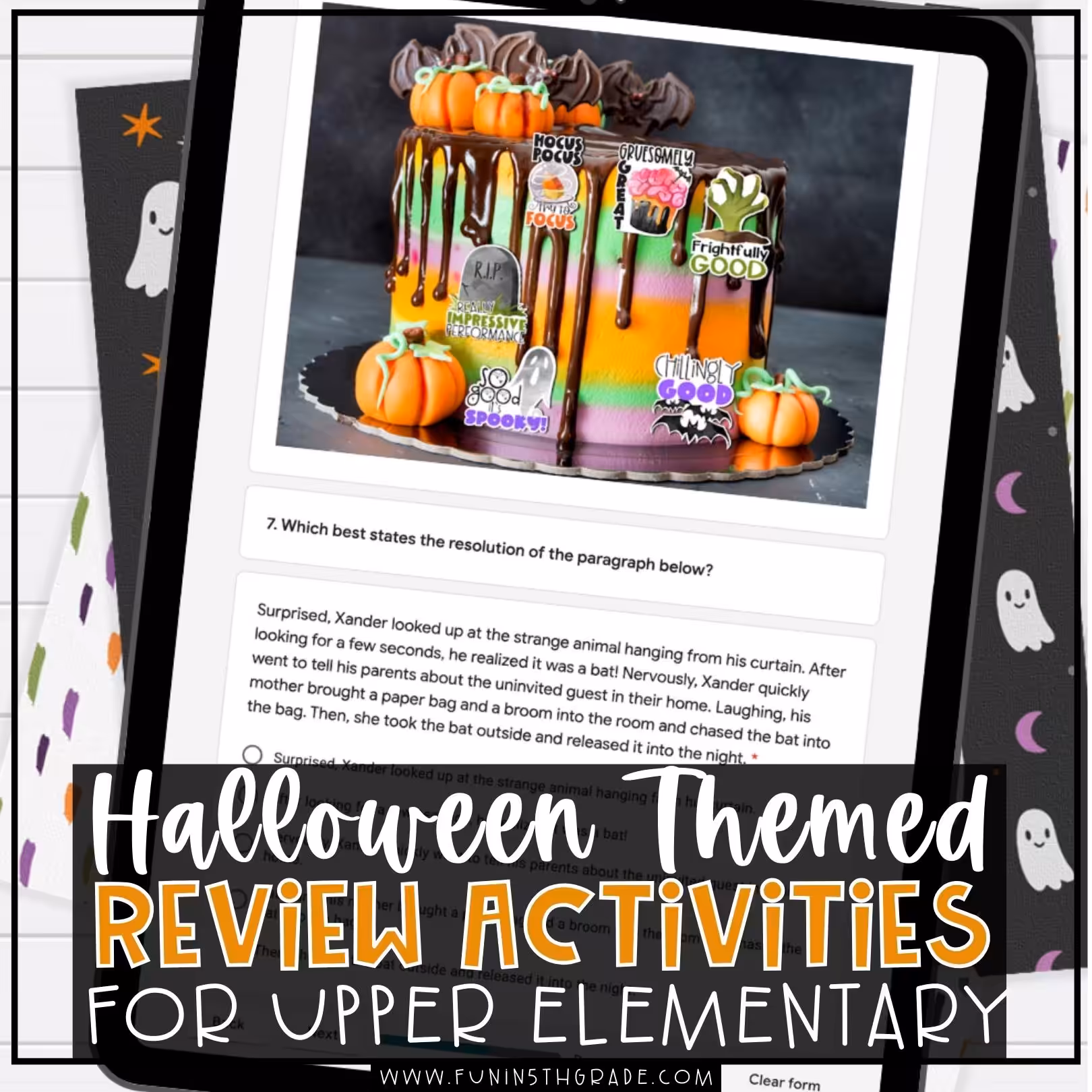 Halloween-Themed Review Activities for Upper Elementary Blog Image with a picture of one of the resources in the background (that includes a halloween looking cake)