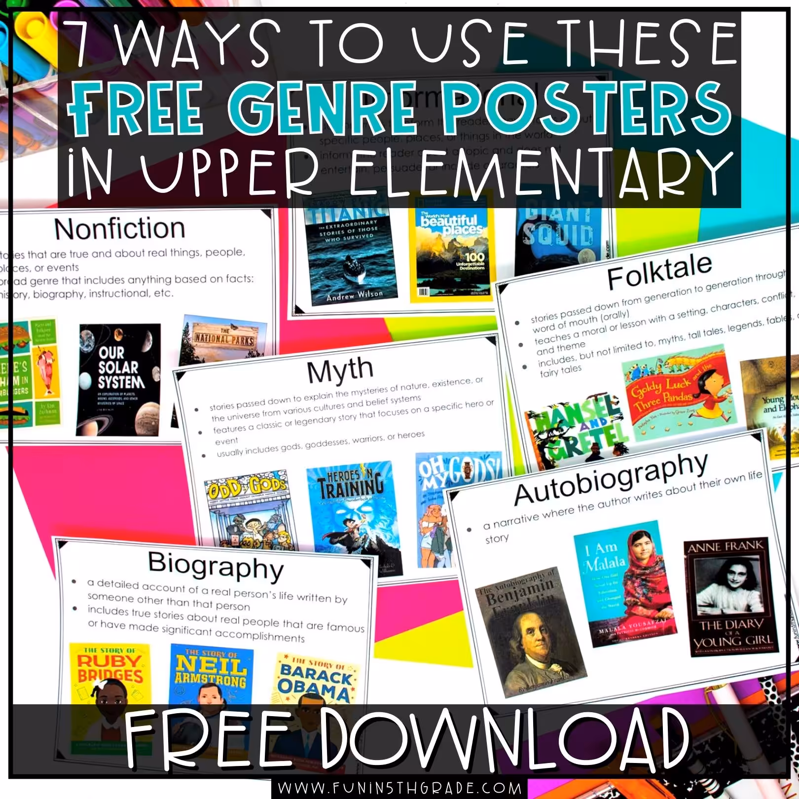 7 ways to study genre in your classroom using this free resource the image includes a photo of the Reading Genre Slides Freebie laying out on a table.