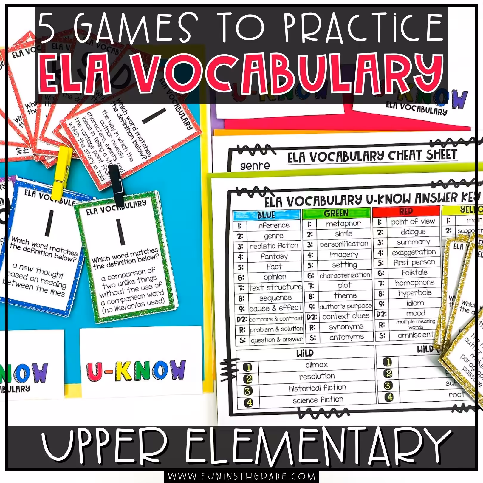 5 Games to Practice ELA Vocabulary Blog Image with a picture of the ELA U-KNOW Cards