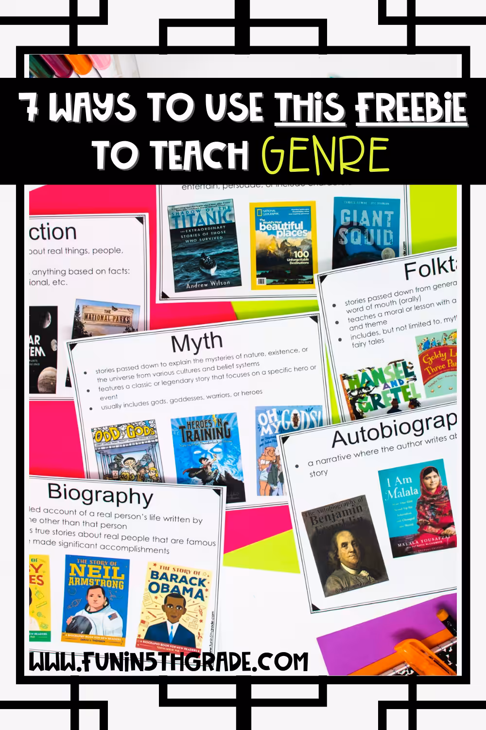 7 Ways to study genre in your upper elementary classroom using this free resource Pinterest Image includes the Reading Genre Slides laid out on a table