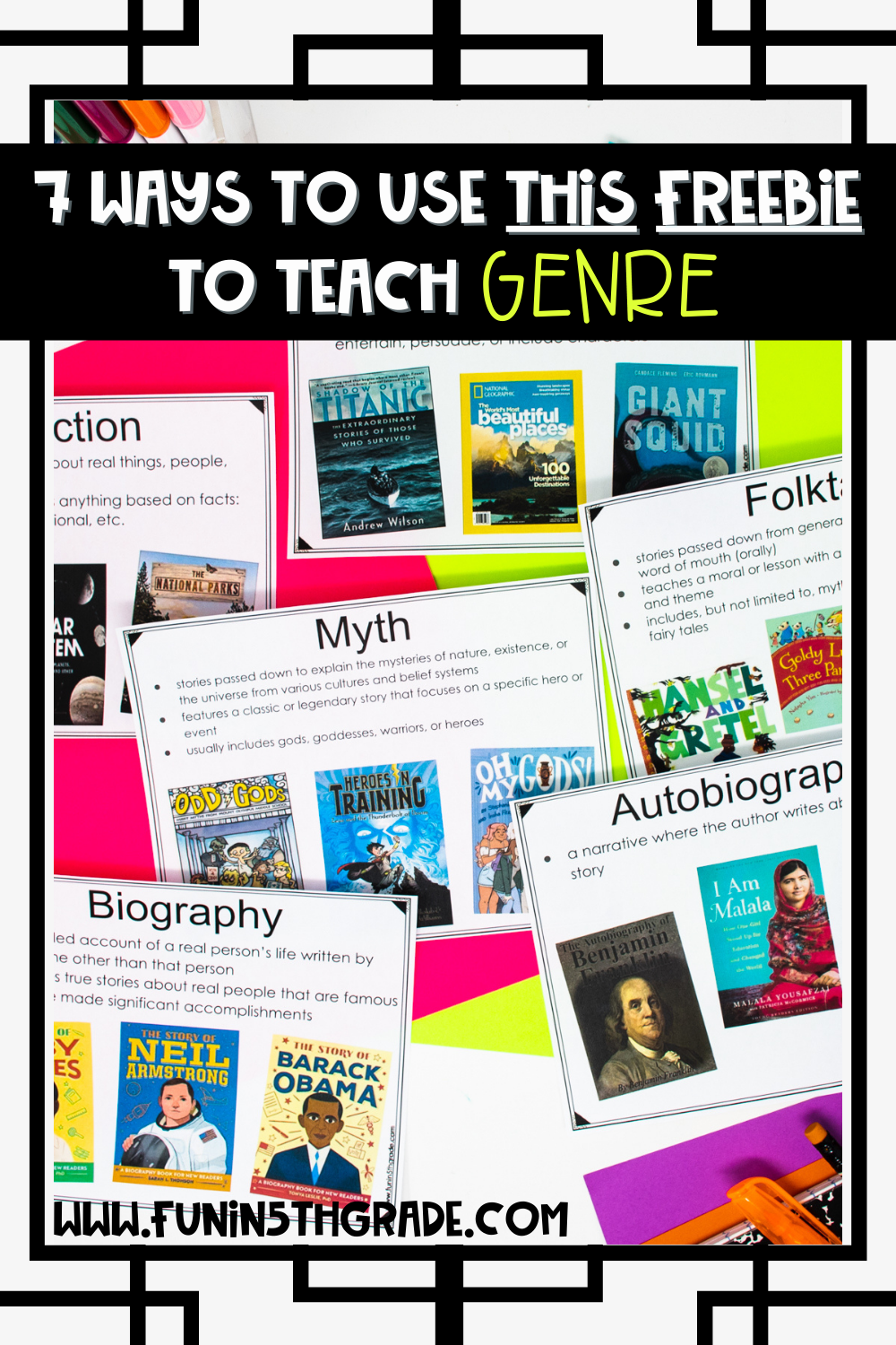 7 Ways to study genre in your upper elementary classroom using this free resource Pinterest Image includes the Reading Genre Slides laid out on a table