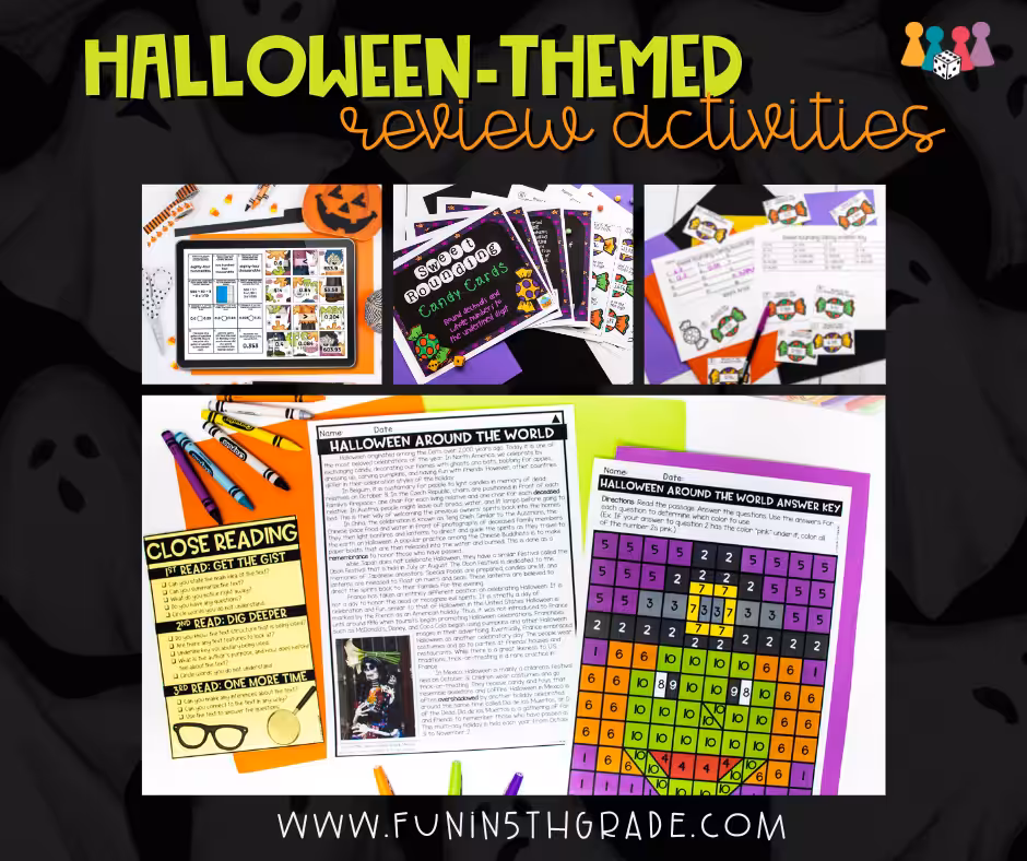 Halloween-Themed Review Activities for Upper Elementary Facebook Post with a ghost background and pictures of four of the resources