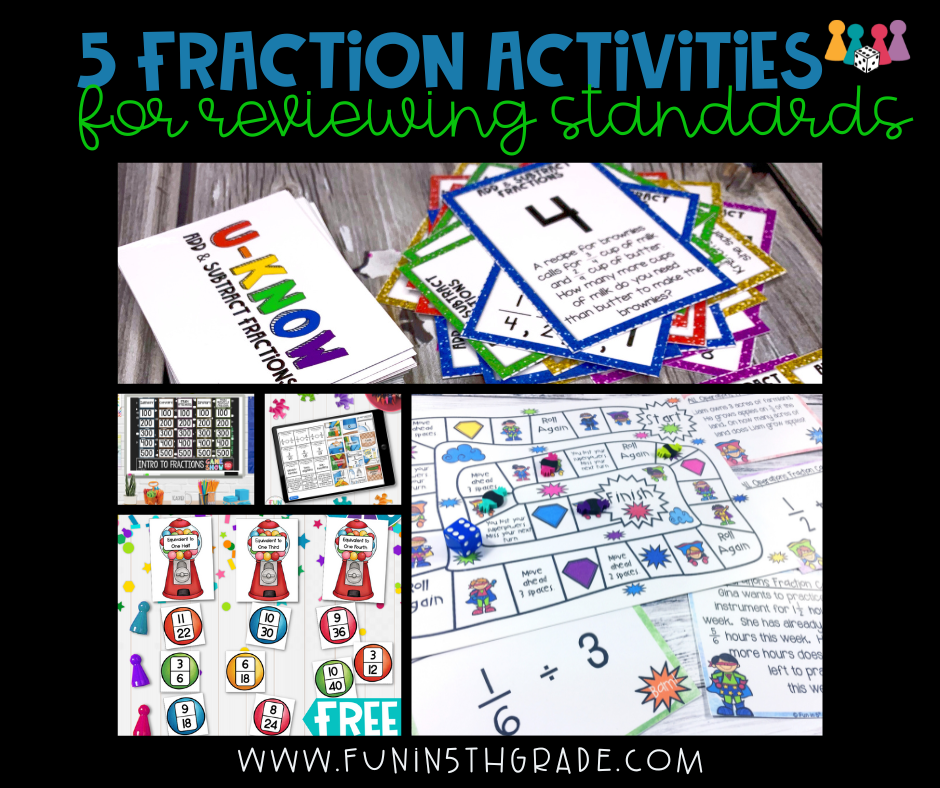 5 Fraction Games and Activities for Reviewing Fraction Standards Facebook Image