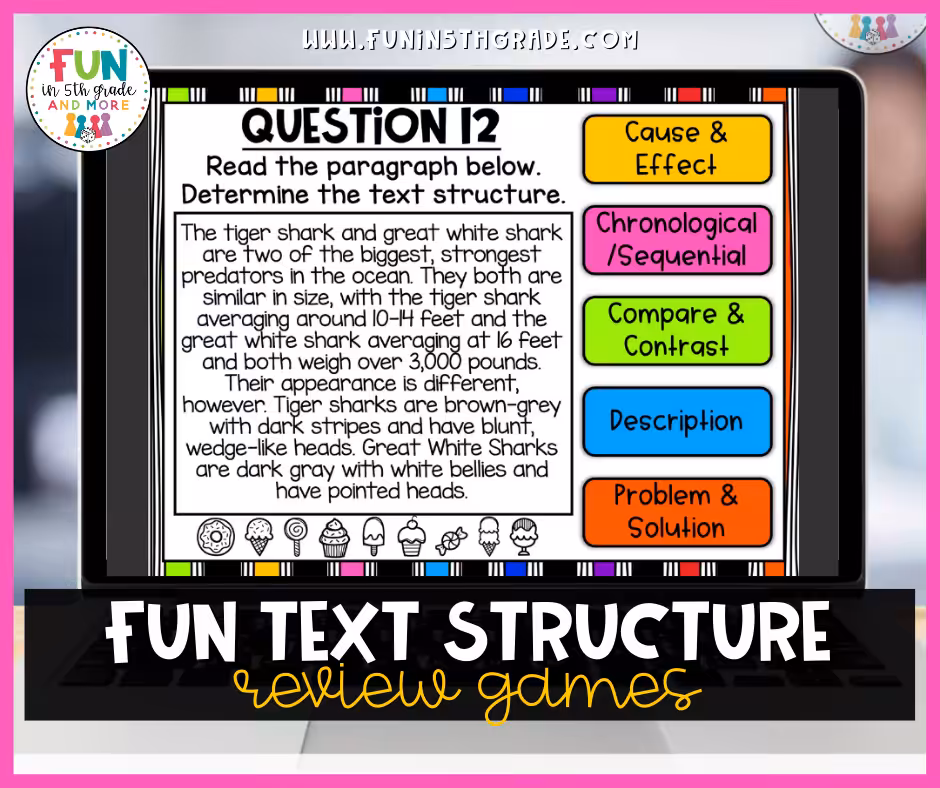 Fun Text Structure Review Games Facebook Image with picture of Game Show Slide