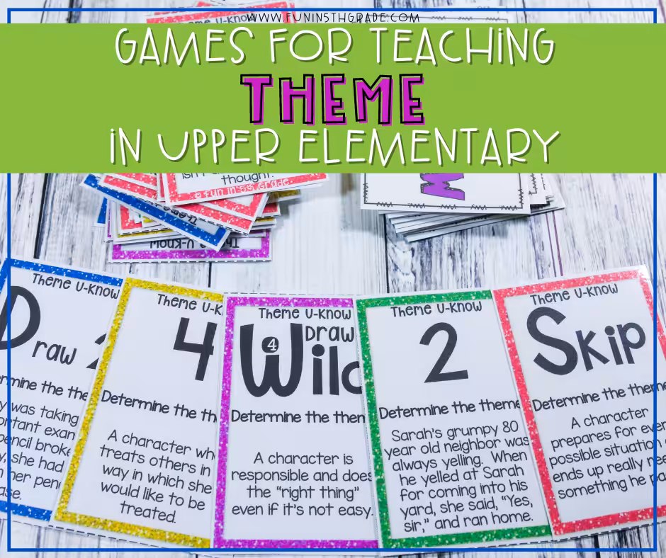 Games for teaching theme in upper elementary Facebook images