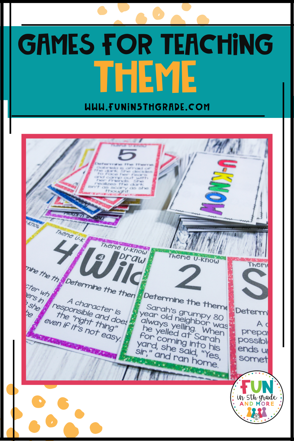 Games for teaching theme in upper elementary Pinterest images