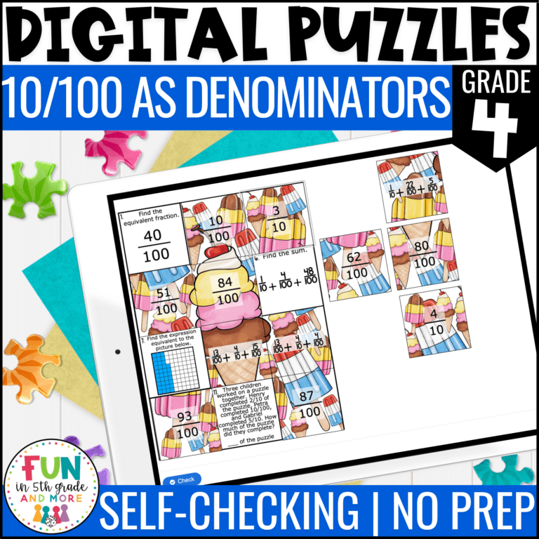 Fractions with 10 and 100 Math Review Puzzles