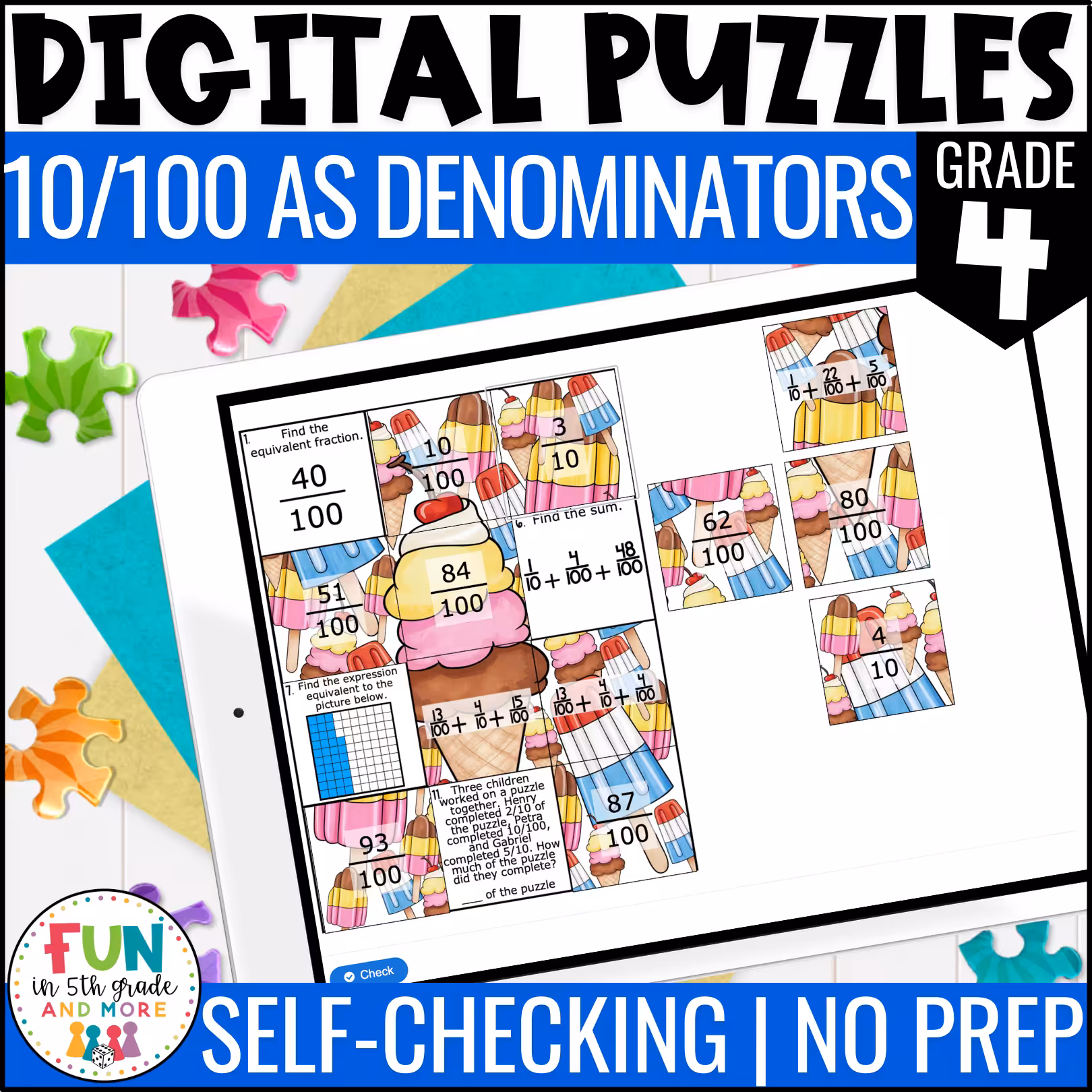 Fractions with 10 and 100 Math Review Puzzles