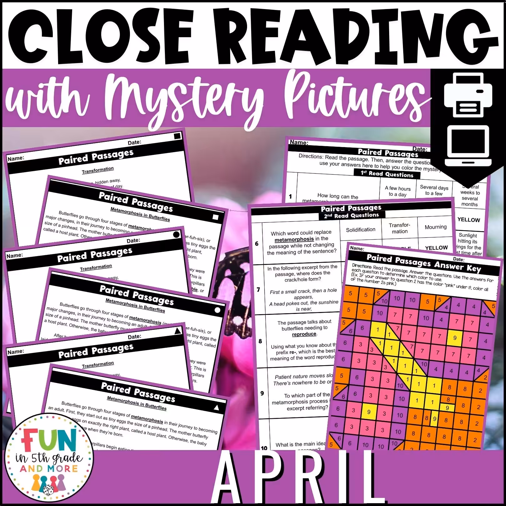 April Reading Comprehension Passages with Mystery Grid Pictured
