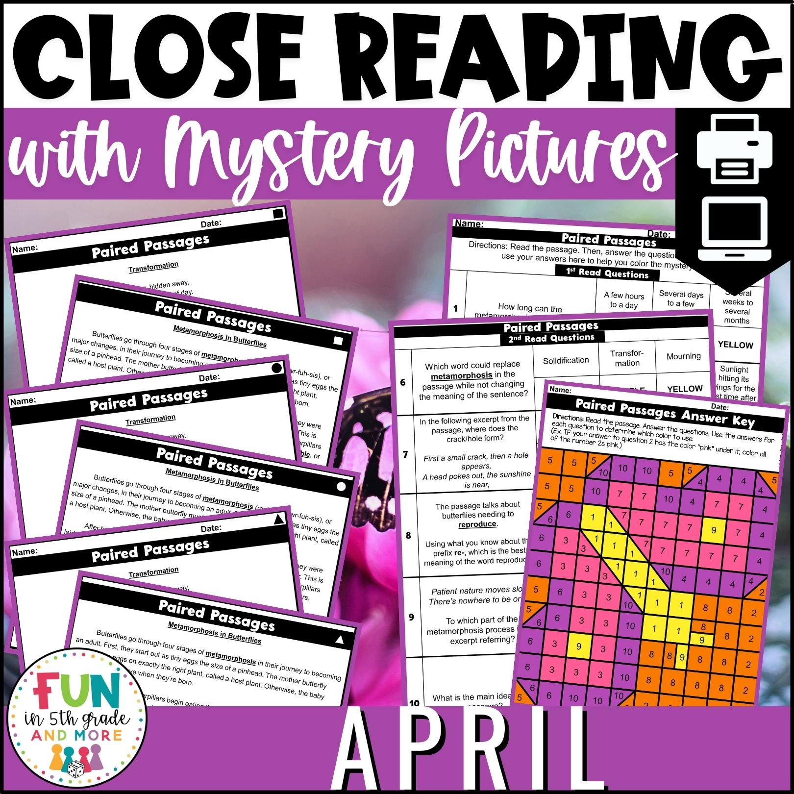 April Reading Comprehension Passages with Mystery Grid Pictured