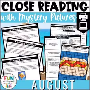 August Reading Comprehension Passages with Mystery Grid Pictured