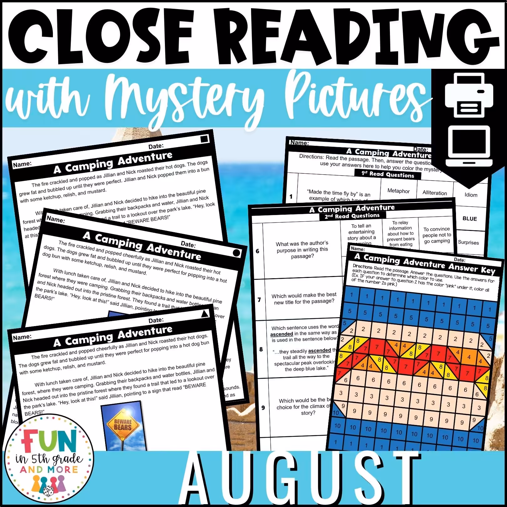 August Reading Comprehension Passages with Mystery Grid Pictured