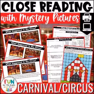 Carnival Themed Reading Comprehension Passages with Mystery Grid Pictured