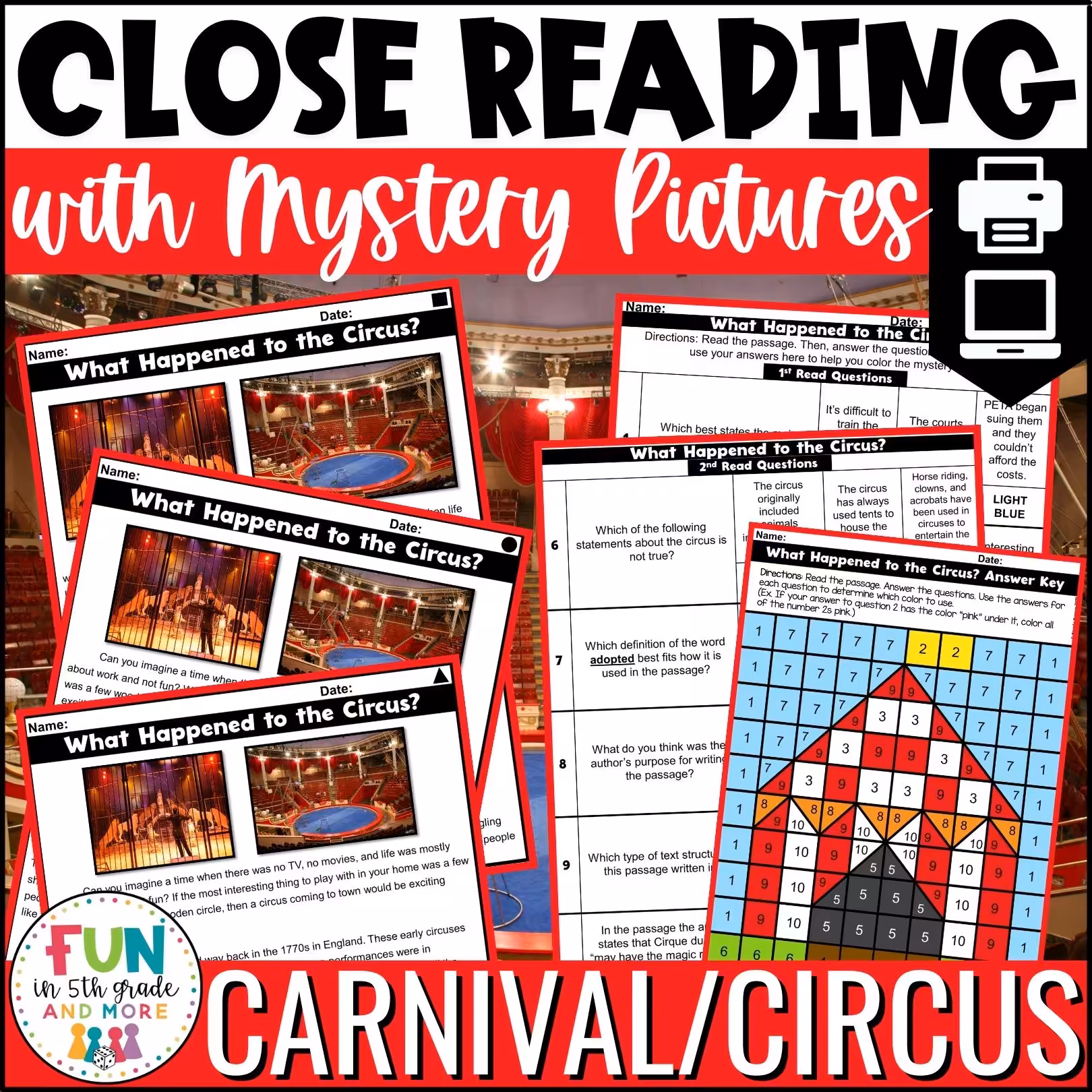 Carnival Themed Reading Comprehension Passages with Mystery Grid Pictured