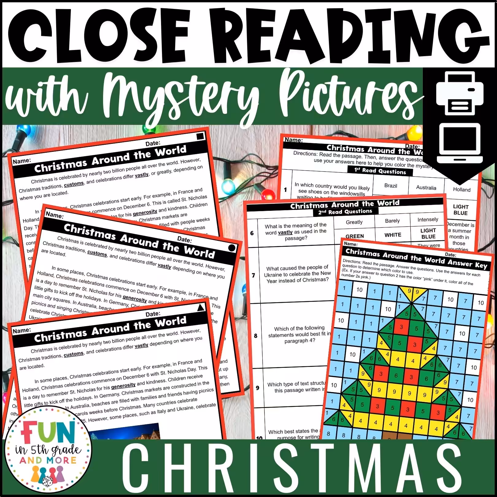 Christmas Reading Comprehension Passages with Mystery Grid Pictured