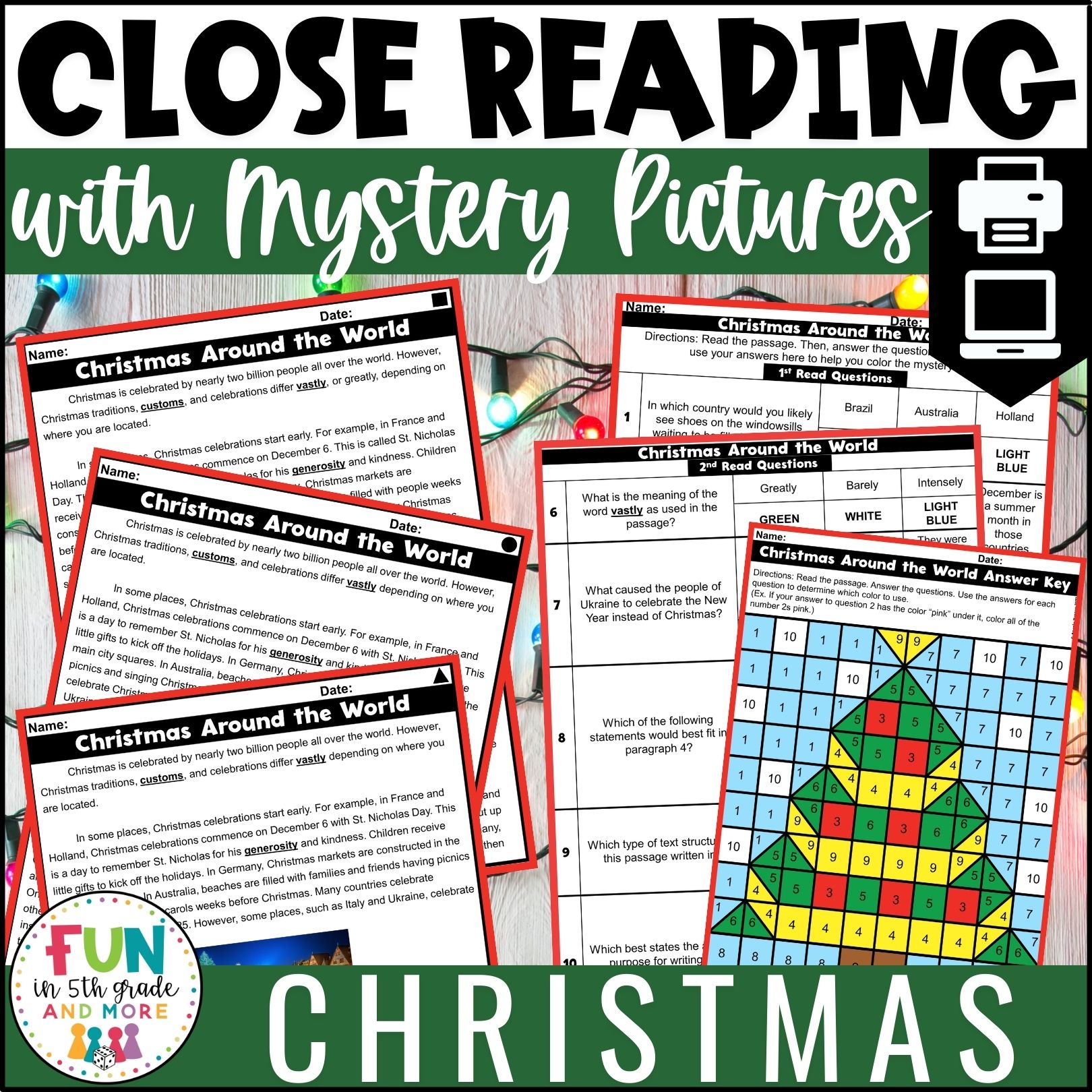 Christmas Reading Comprehension Passages with Mystery Grid Pictured
