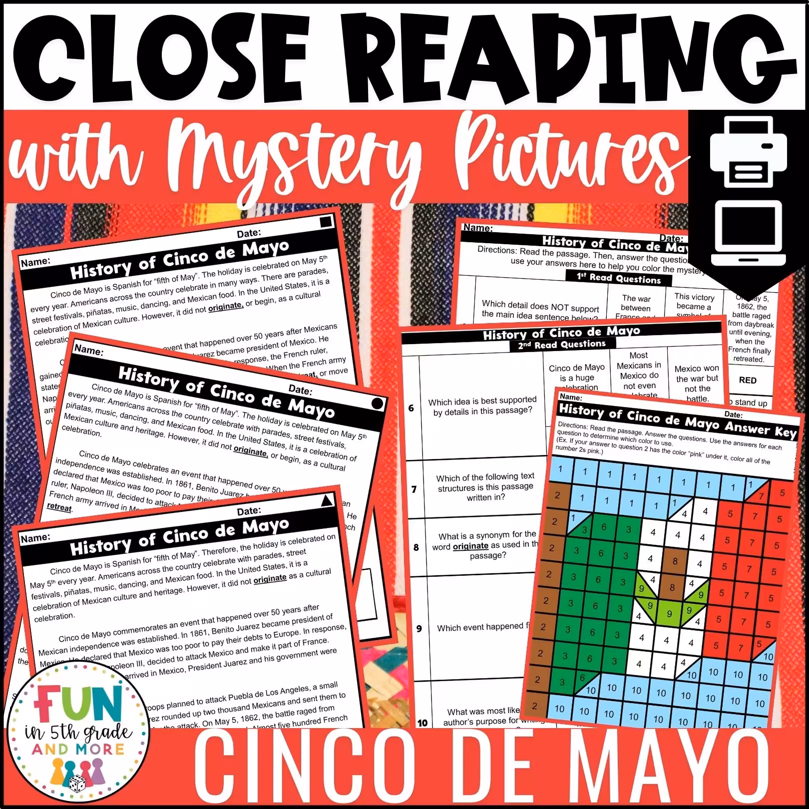 Cinco de Mayo Reading Comprehension Passages with Mystery Grid Pictured