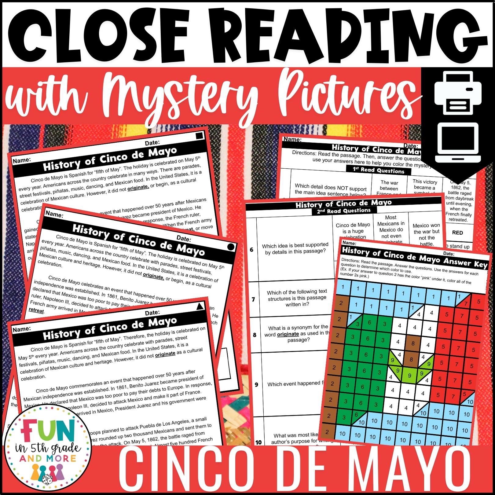 Cinco de Mayo Reading Comprehension Passages with Mystery Grid Pictured